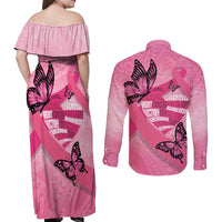 Polynesia Breast Cancer Awareness Month Couples Matching Off Shoulder Maxi Dress and Long Sleeve Button Shirt Pink Ribbon Mix Butterflies
