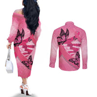 Polynesia Breast Cancer Awareness Month Couples Matching Off The Shoulder Long Sleeve Dress and Long Sleeve Button Shirt Pink Ribbon Mix Butterflies