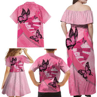 Polynesia Breast Cancer Awareness Month Family Matching Off Shoulder Maxi Dress and Hawaiian Shirt Pink Ribbon Mix Butterflies