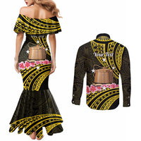 Personalised Tokelau Tokehega Day Couples Matching Mermaid Dress and Long Sleeve Button Shirt Tokelauan Tatau Black Color - Polynesian Pride