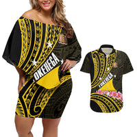 Personalised Tokelau Tokehega Day Couples Matching Off Shoulder Short Dress and Hawaiian Shirt Tokelauan Tatau Black Color - Polynesian Pride