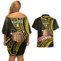 Personalised Tokelau Tokehega Day Couples Matching Off Shoulder Short Dress and Hawaiian Shirt Tokelauan Tatau Black Color - Polynesian Pride