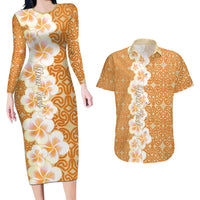 Personalised Tufi Tapa and Tattoo Festival Couples Matching Long Sleeve Bodycon Dress and Hawaiian Shirt Oro Tapa Cloth With Plumeria - Polynesian Pride