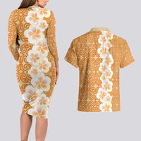 Personalised Tufi Tapa and Tattoo Festival Couples Matching Long Sleeve Bodycon Dress and Hawaiian Shirt Oro Tapa Cloth With Plumeria - Polynesian Pride
