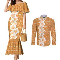 Personalised Tufi Tapa and Tattoo Festival Couples Matching Mermaid Dress and Long Sleeve Button Shirt Oro Tapa Cloth With Plumeria - Polynesian Pride