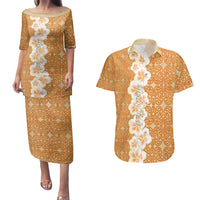 Personalised Tufi Tapa and Tattoo Festival Couples Matching Puletasi and Hawaiian Shirt Oro Tapa Cloth With Plumeria - Polynesian Pride