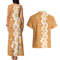 Personalised Tufi Tapa and Tattoo Festival Couples Matching Tank Maxi Dress and Hawaiian Shirt Oro Tapa Cloth With Plumeria - Polynesian Pride