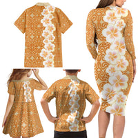 Personalised Tufi Tapa and Tattoo Festival Family Matching Long Sleeve Bodycon Dress and Hawaiian Shirt Oro Tapa Cloth With Plumeria - Polynesian Pride