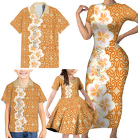 Personalised Tufi Tapa and Tattoo Festival Family Matching Short Sleeve Bodycon Dress and Hawaiian Shirt Oro Tapa Cloth With Plumeria - Polynesian Pride