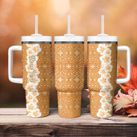 Personalised Tufi Tapa and Tattoo Festival Tumbler With Handle Oro Tapa Cloth With Plumeria - Polynesian Pride