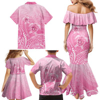 Personalised Polynesia Breast Cancer Awareness Family Matching Mermaid Dress and Hawaiian Shirt No One Fights Alone Turtle Ribbon - Pink Version