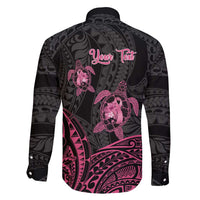 Personalised Polynesia Breast Cancer Awareness Family Matching Long Sleeve Bodycon Dress and Hawaiian Shirt No One Fights Alone Turtle Ribbon - Black Version