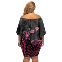 Personalised Polynesia Breast Cancer Awareness Off Shoulder Short Dress No One Fights Alone Turtle Ribbon - Black Version