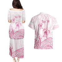 Personalised Polynesia Breast Cancer Awareness Couples Matching Puletasi and Hawaiian Shirt No One Fights Alone Turtle Ribbon - White Version