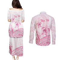 Personalised Polynesia Breast Cancer Awareness Couples Matching Puletasi and Long Sleeve Button Shirt No One Fights Alone Turtle Ribbon - White Version