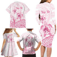 Personalised Polynesia Breast Cancer Awareness Family Matching Long Sleeve Bodycon Dress and Hawaiian Shirt No One Fights Alone Turtle Ribbon - White Version