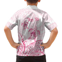 Personalised Polynesia Breast Cancer Awareness Family Matching Off The Shoulder Long Sleeve Dress and Hawaiian Shirt No One Fights Alone Turtle Ribbon - White Version