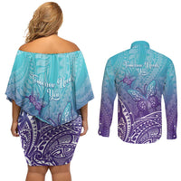 Polynesia Suicide Prevention Month Couples Matching Off Shoulder Short Dress and Long Sleeve Button Shirt Butterfly Purple And Teal Ribbon Tomorrow Needs You