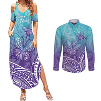 Polynesia Suicide Prevention Month Couples Matching Summer Maxi Dress and Long Sleeve Button Shirt Butterfly Purple And Teal Ribbon Tomorrow Needs You