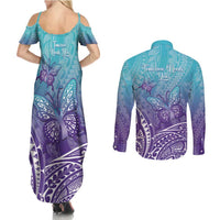 Polynesia Suicide Prevention Month Couples Matching Summer Maxi Dress and Long Sleeve Button Shirt Butterfly Purple And Teal Ribbon Tomorrow Needs You