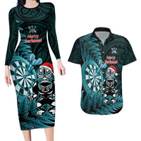 Personalised New Zealand Darts Christmas Couples Matching Long Sleeve Bodycon Dress and Hawaiian Shirt Maori Fern Merry Dartsmas - Polynesian Pride