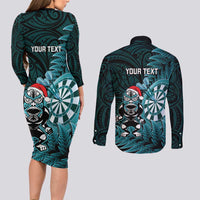 Personalised New Zealand Darts Christmas Couples Matching Long Sleeve Bodycon Dress and Long Sleeve Button Shirt Maori Fern Merry Dartsmas - Polynesian Pride