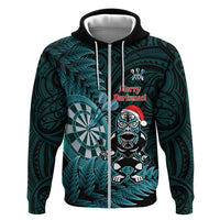 Personalised New Zealand Darts Christmas Zip Hoodie Maori Fern Merry Dartsmas - Polynesian Pride