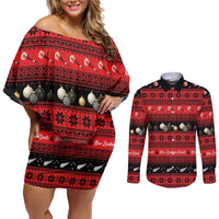 New Zealand Darts Christmas Couples Matching Off Shoulder Short Dress and Long Sleeve Button Shirt Merry Xmas Aotearoa Maori Red - Polynesian Pride