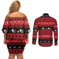 New Zealand Darts Christmas Couples Matching Off Shoulder Short Dress and Long Sleeve Button Shirt Merry Xmas Aotearoa Maori Red - Polynesian Pride