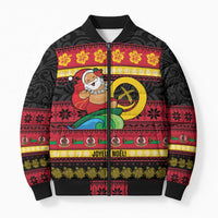 Vanuatu Christmas Bomber Puffer Jacket Joyeux Noel Surfing Santa With Boar Tusk - Polynesian Pride