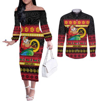 Vanuatu Christmas Couples Matching Off The Shoulder Long Sleeve Dress and Long Sleeve Button Shirt Joyeux Noel Surfing Santa With Boar Tusk - Polynesian Pride