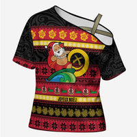 Vanuatu Christmas Cross Shoulder Shirt Joyeux Noel Surfing Santa With Boar Tusk - Polynesian Pride