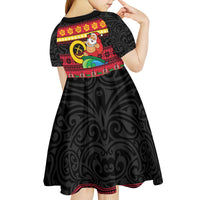 Vanuatu Christmas Kid Short Sleeve Dress Joyeux Noel Surfing Santa With Boar Tusk - Polynesian Pride