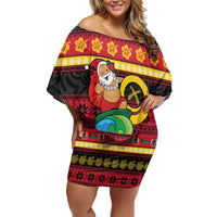 Vanuatu Christmas Off Shoulder Short Dress Joyeux Noel Surfing Santa With Boar Tusk - Polynesian Pride