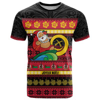 Vanuatu Christmas T Shirt Joyeux Noel Surfing Santa With Boar Tusk - Polynesian Pride