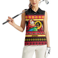 Vanuatu Christmas Women Sleeveless Polo Shirt Joyeux Noel Surfing Santa With Boar Tusk - Polynesian Pride