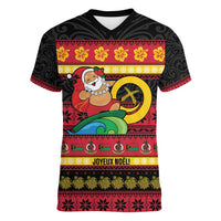 Vanuatu Christmas Women V-Neck T-Shirt Joyeux Noel Surfing Santa With Boar Tusk - Polynesian Pride