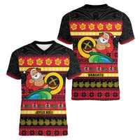 Vanuatu Christmas Women V-Neck T-Shirt Joyeux Noel Surfing Santa With Boar Tusk - Polynesian Pride