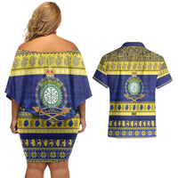 Niue Christmas Couples Matching Off Shoulder Short Dress and Hawaiian Shirt Monuina e Kilisimasi Hiapo Motifs - Polynesian Pride