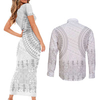 Niue White Sunday Couples Matching Short Sleeve Bodycon Dress and Long Sleeve Button Shirt Tapu Fanau Ia Puakenikeni Hiapo Pattern - Polynesian Pride