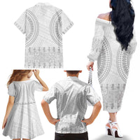 Niue White Sunday Family Matching Off The Shoulder Long Sleeve Dress and Hawaiian Shirt Tapu Fanau Ia Puakenikeni Hiapo Pattern - Polynesian Pride
