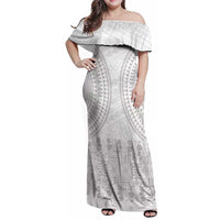 Niue White Sunday Family Matching Off Shoulder Maxi Dress and Hawaiian Shirt Tapu Fanau Ia Puakenikeni Hiapo Pattern - Polynesian Pride