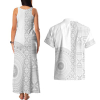 Niue White Sunday Couples Matching Tank Maxi Dress and Hawaiian Shirt Half Hiapo Pattern Vibes - Polynesian Pride
