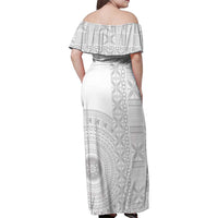 Niue White Sunday Family Matching Off Shoulder Maxi Dress and Hawaiian Shirt Half Hiapo Pattern Vibes - Polynesian Pride