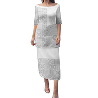 Niue White Sunday Family Matching Puletasi and Hawaiian Shirt Half Hiapo Pattern Vibes LT14 Mom's Dress White - Polynesian Pride