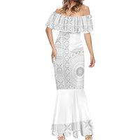 Niue White Sunday Mermaid Dress Half Hiapo Pattern Vibes - Polynesian Pride