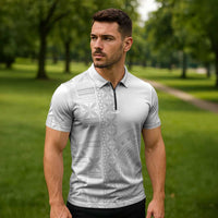 Niue White Sunday Zipper Polo Shirt Half Hiapo Pattern Vibes - Polynesian Pride