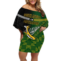 Personalised New Zealand and South Africa Rugby Family Matching Off Shoulder Short Dress and Hawaiian Shirt 2023 World Cup Final All Black Springboks Together LT14 Mom's Dress Black - Polynesian Pride