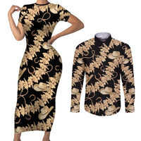 Vanuatu Cowboy Couples Matching Short Sleeve Bodycon Dress and Long Sleeve Button Shirt Seamless Straw Hats Hibiscus LT14 Black - Polynesian Pride
