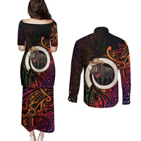 Vanuatu Boar Cowboy Couples Matching Puletasi and Long Sleeve Button Shirt Tusk Gradient Polynesian Pattern - Polynesian Pride